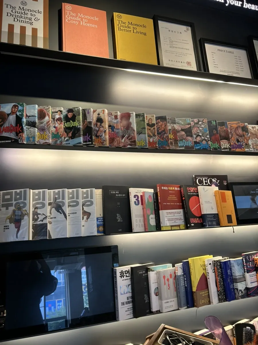 Shelf with books, magazines, and comics
