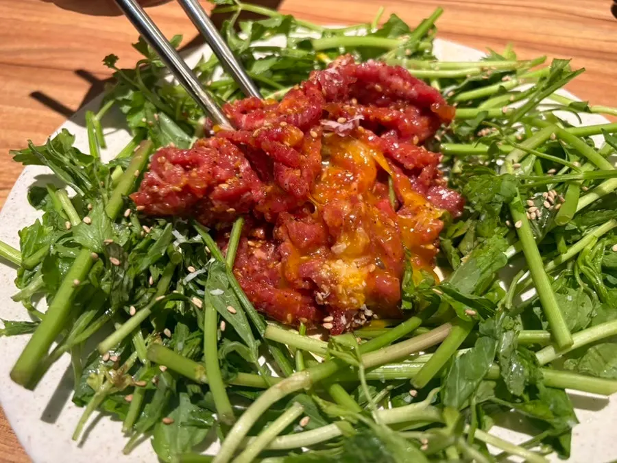 Hanwoo minari beef tartare mixed with egg yolk