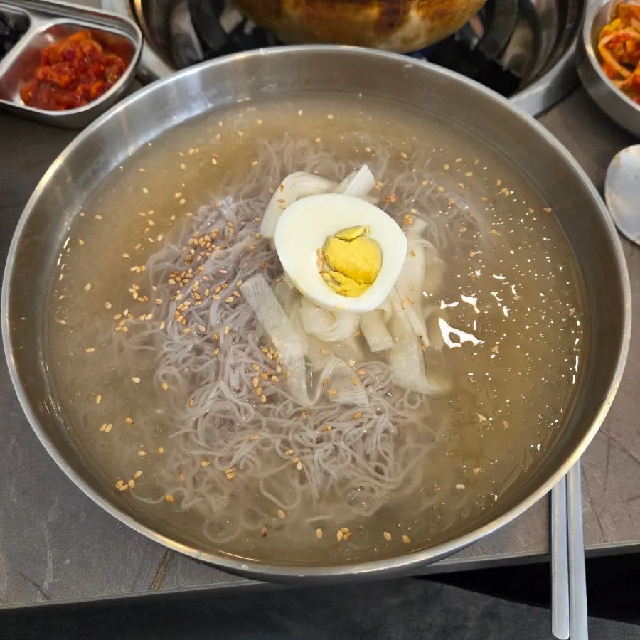 A bowl of mul naengmyeon in cold broth