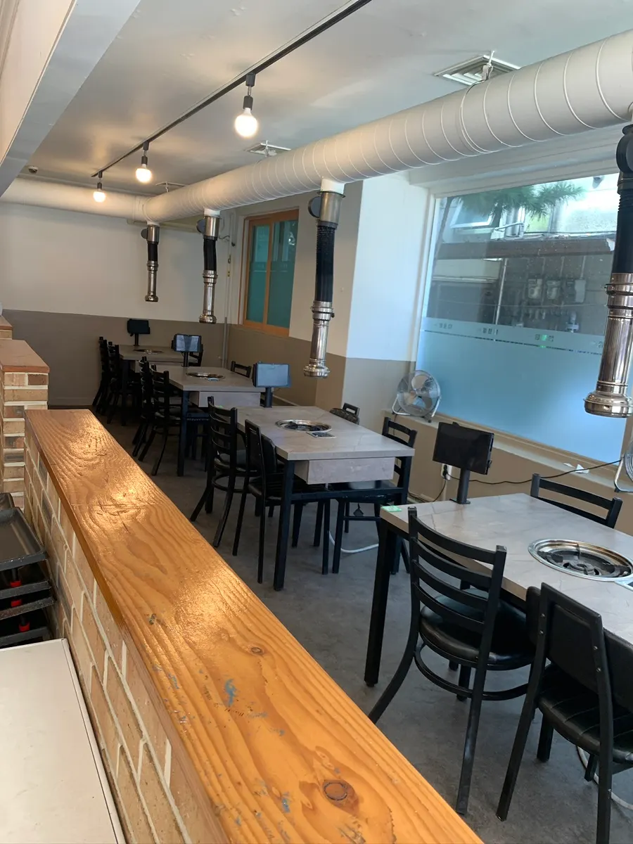 Long tables arranged for group seating