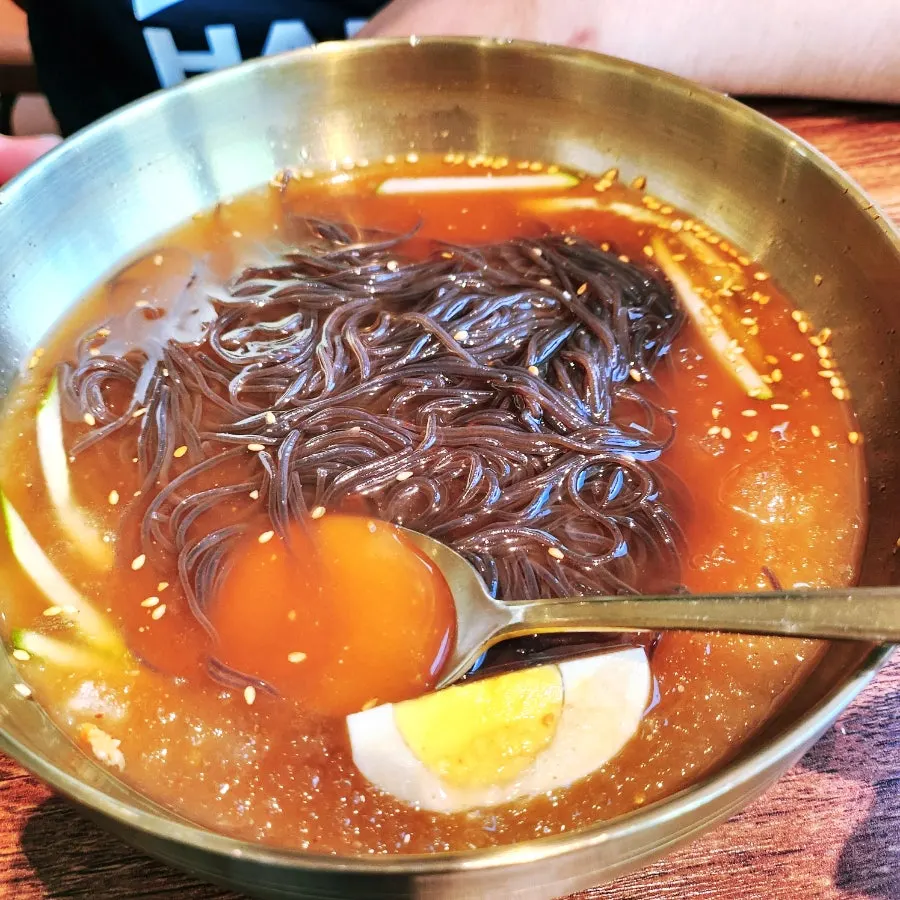 A bowl of mul naengmyeon with tiny ice crystals