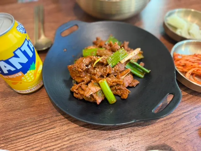 Spicy gochujang pork belly and Fanta Pineapple