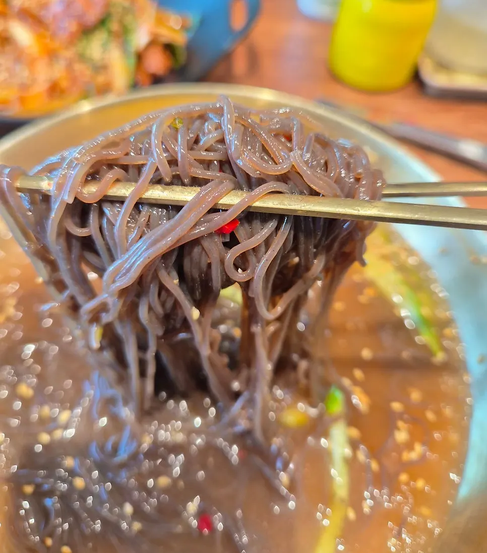 A bite of mul naengmyeon with vinegar and mustard added