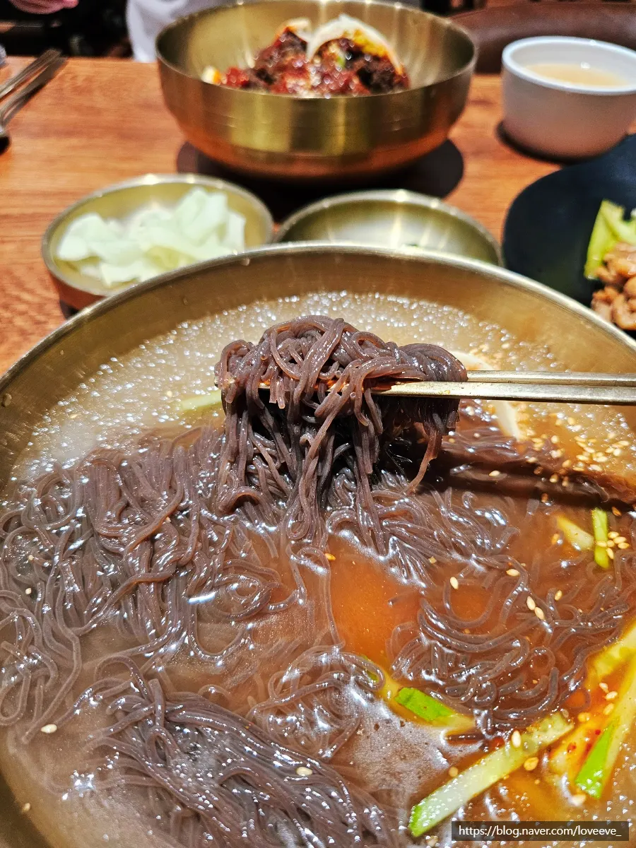 Naengmyeon noodles cut in a cross shape with seasoning