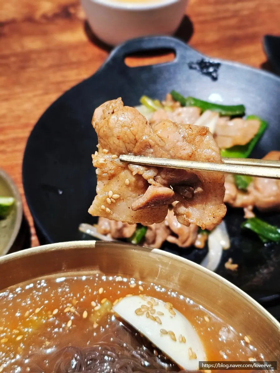 Chewy kudzu naengmyeon noodles lifted with chopsticks