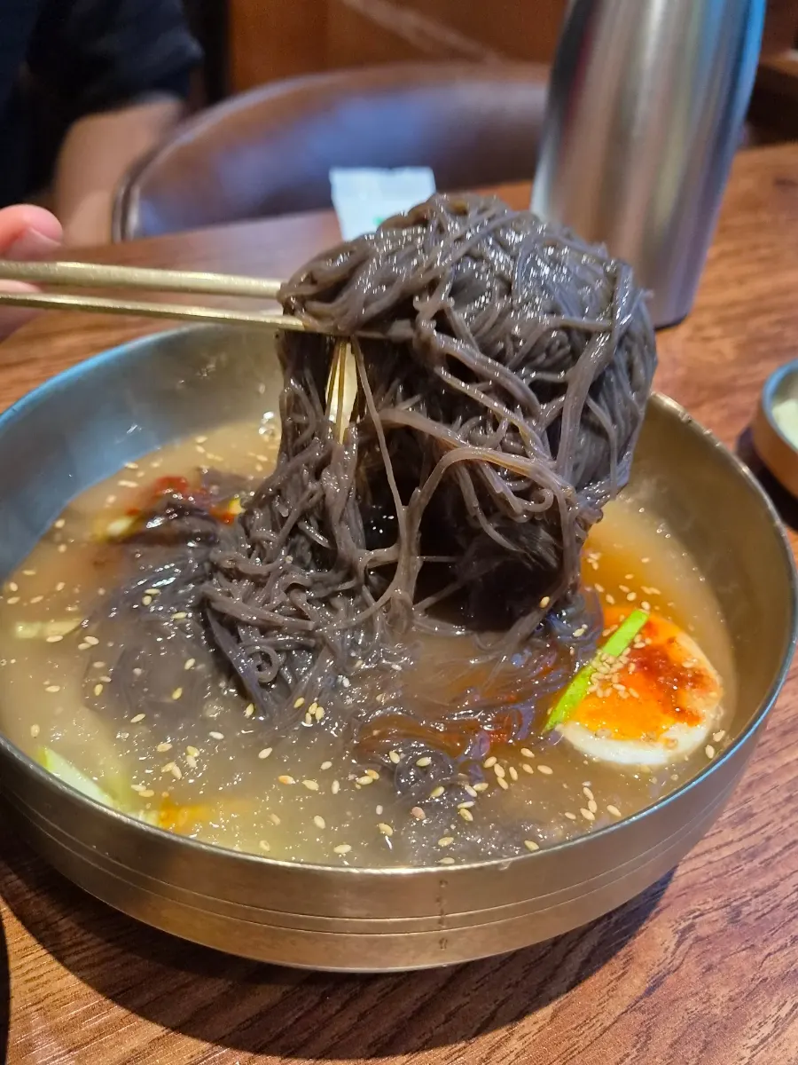 육수가 살짝 있는 비빔냉면 면발