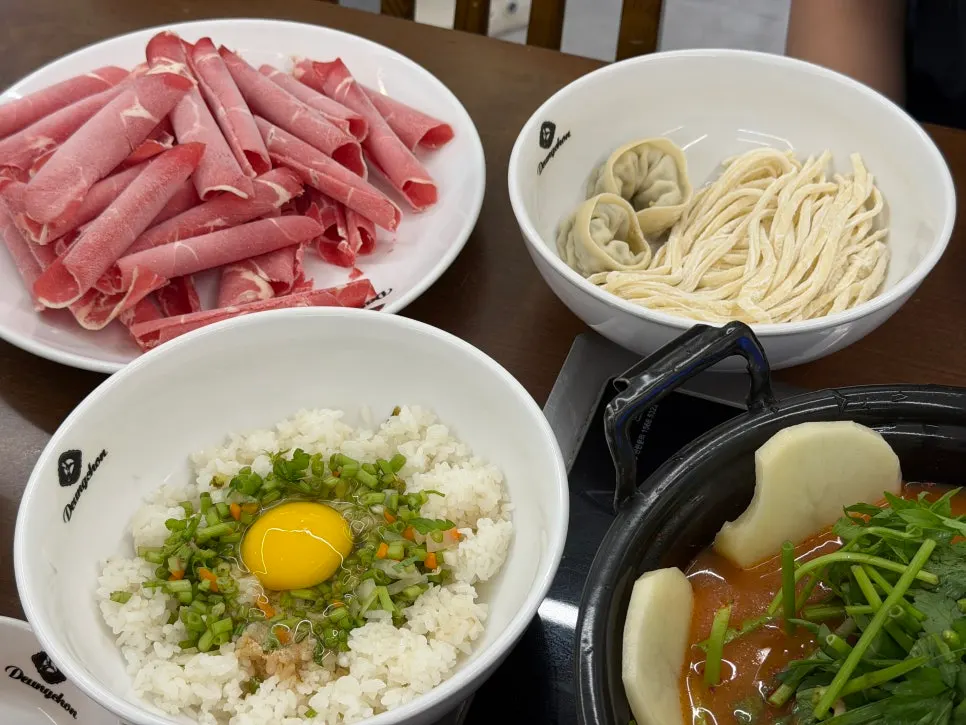 Wasabi soy sauce dip and a plate of kimchi