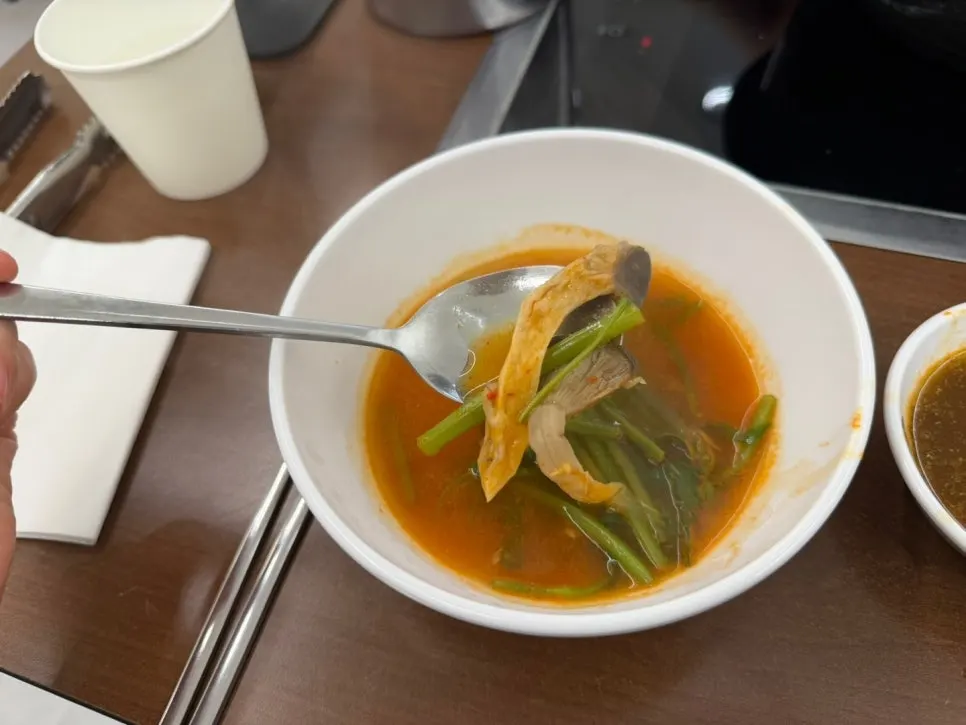 Spicy shabu broth topped with plenty of minari