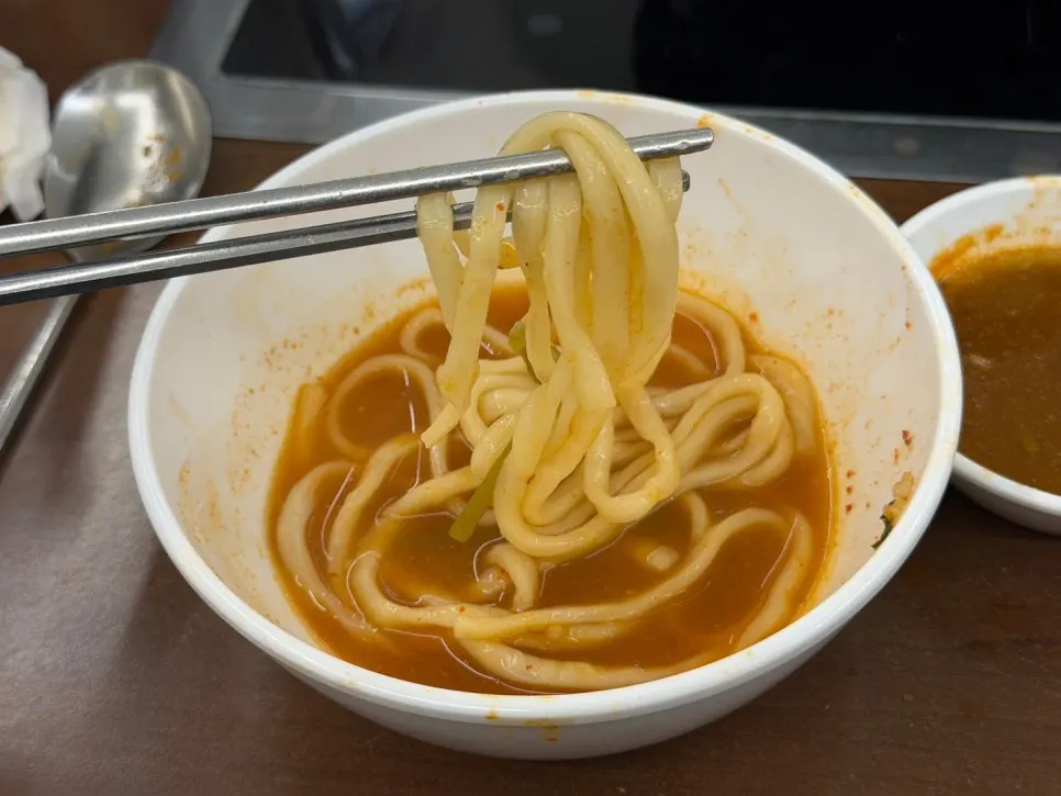 A bowl of cooked kalguksu noodles served up