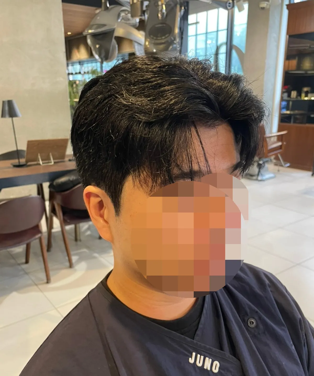 Vertical photo of the finished men's cut, down perm, and dye at Juno Hair Dongtan Solbitnaru Branch