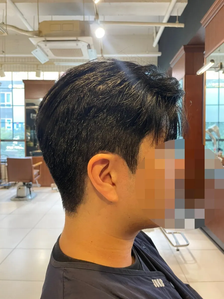 Before-and-after side profile of the men's hair