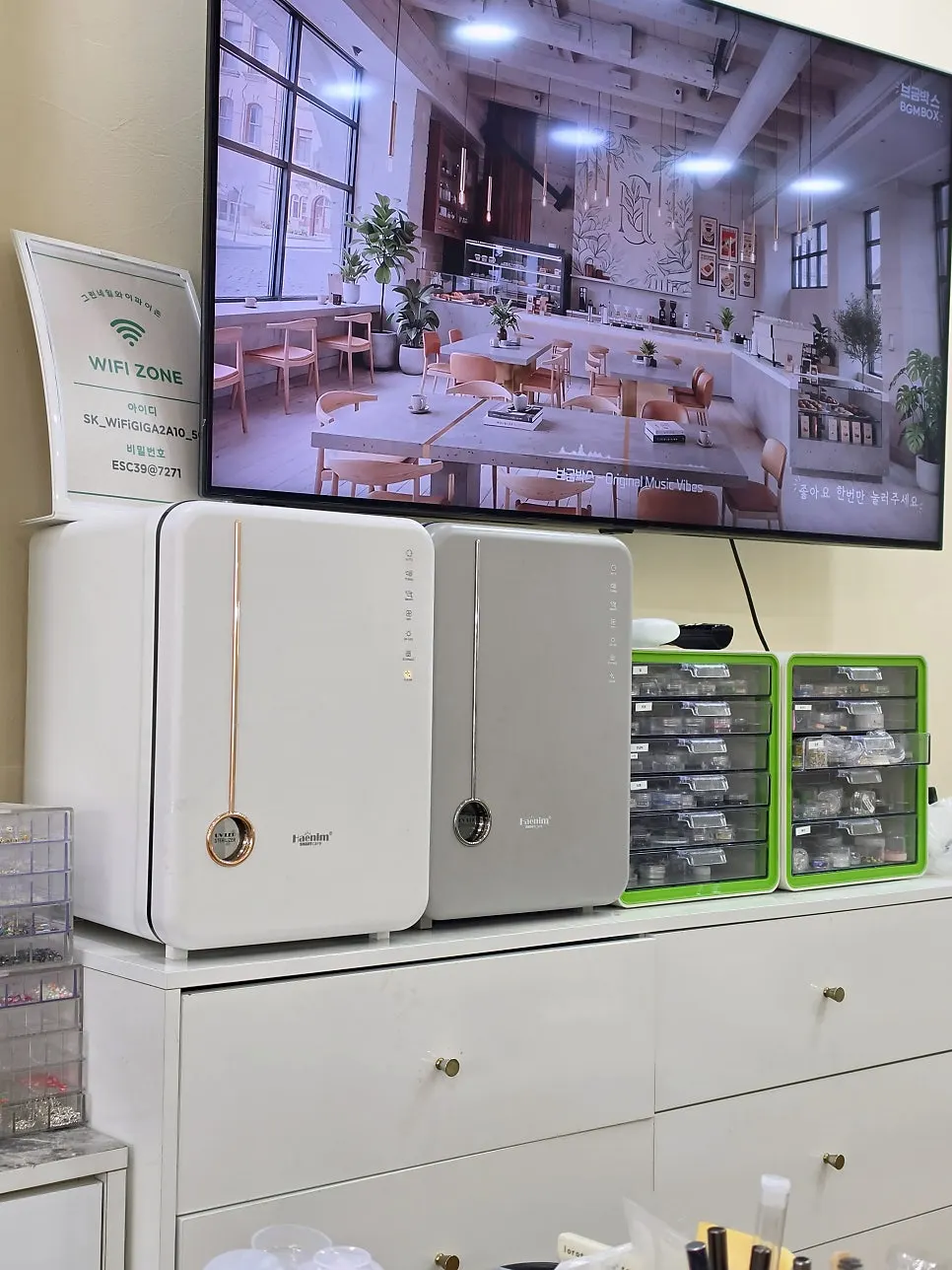 Neatly organized nail salon space