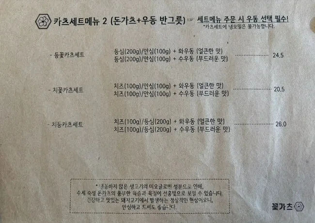 Menu showing the udon set choice options