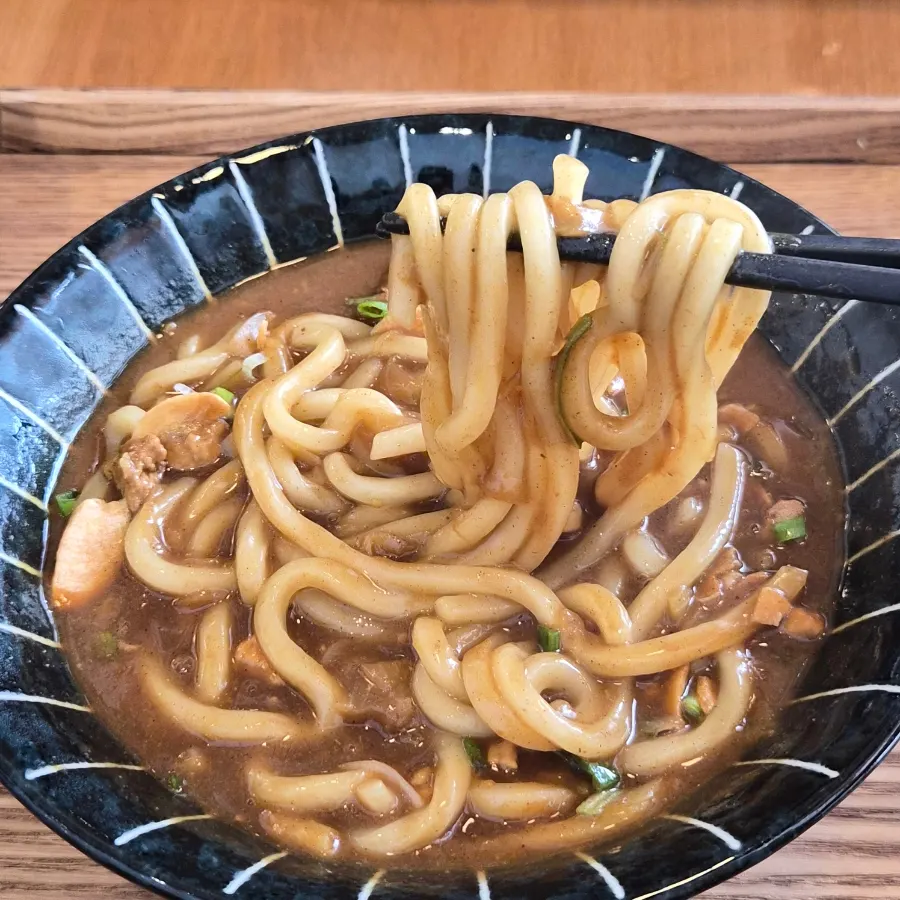 카레 국물을 머금은 쫄깃한 우동면