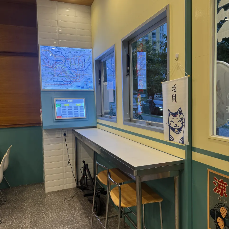 Seating area with window bar table and 2-seat tables