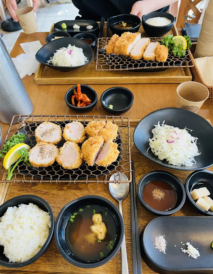 Cutlet set with salad, rice and miso soup