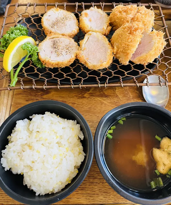 A piece of cutlet dipped in tonkatsu sauce
