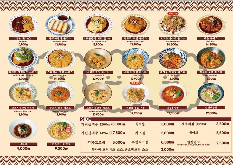 Insaeng Donkatsu topping pork cutlet and pasta menu board