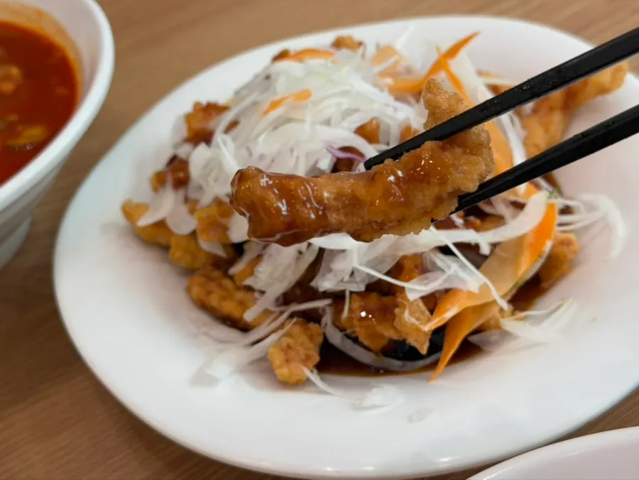 Small-size tangsuyuk served with sauce poured over it