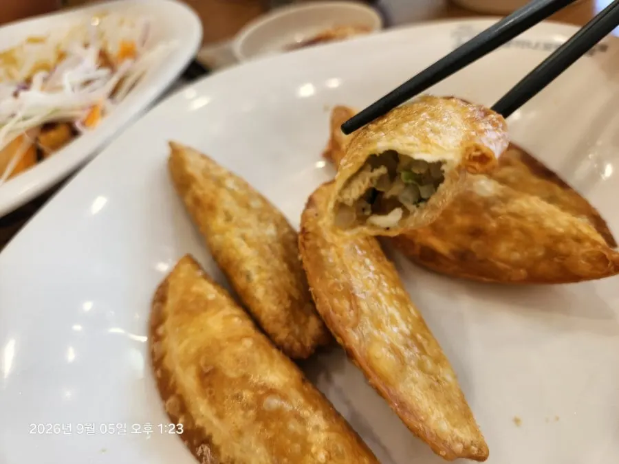 Dumpling showing meat and glass noodle filling inside