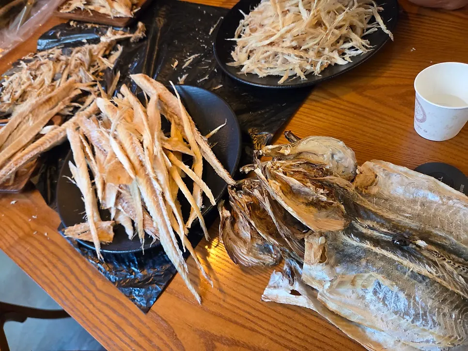 Dried pollock being prepared on the side