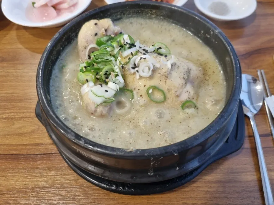 Tender chicken meat from the perilla samgyetang that pulls apart easily
