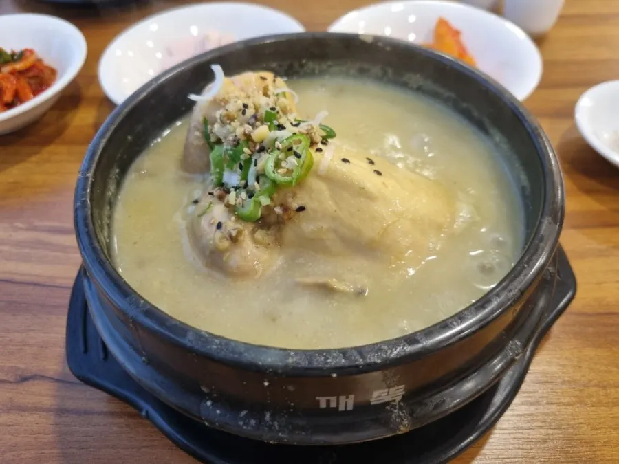 Light, clean mung bean samgyetang broth with chicken
