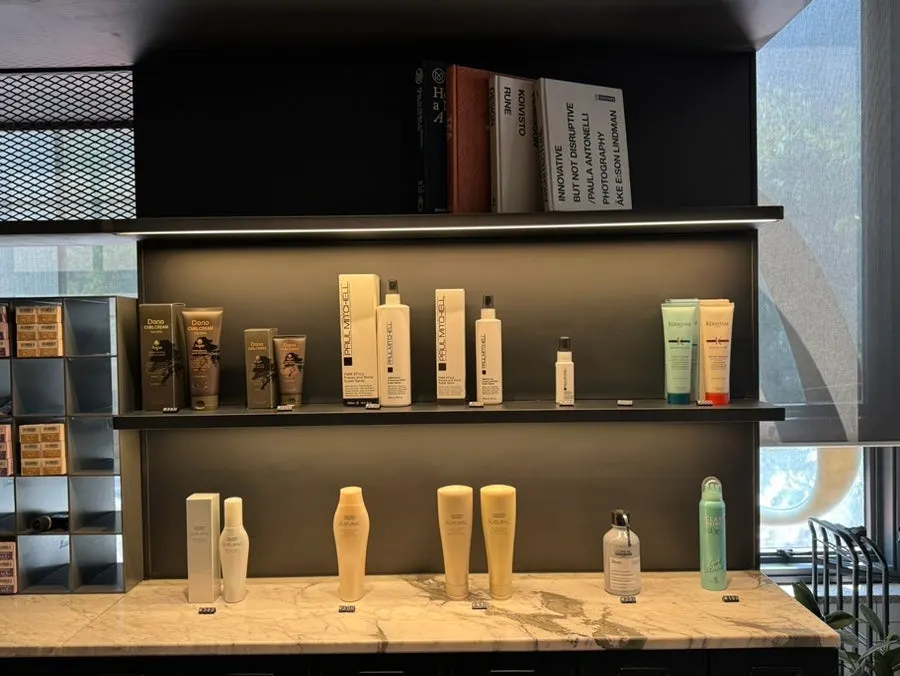 Hair products displayed in the salon