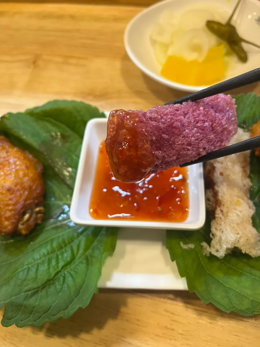Fried assortment platter with sweet potato and scallop spring rolls