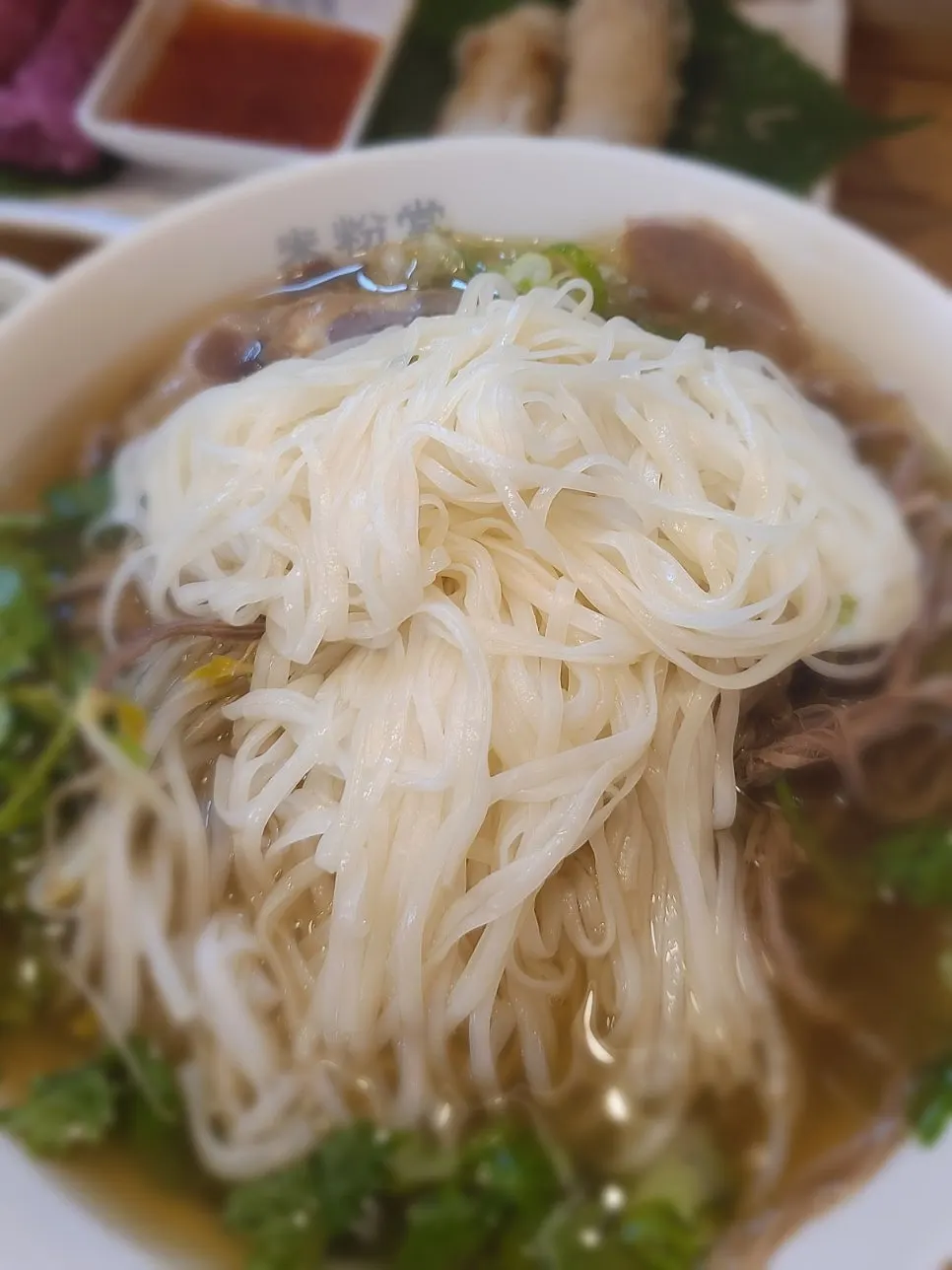 A bowl of pho full of noodles and bean sprouts