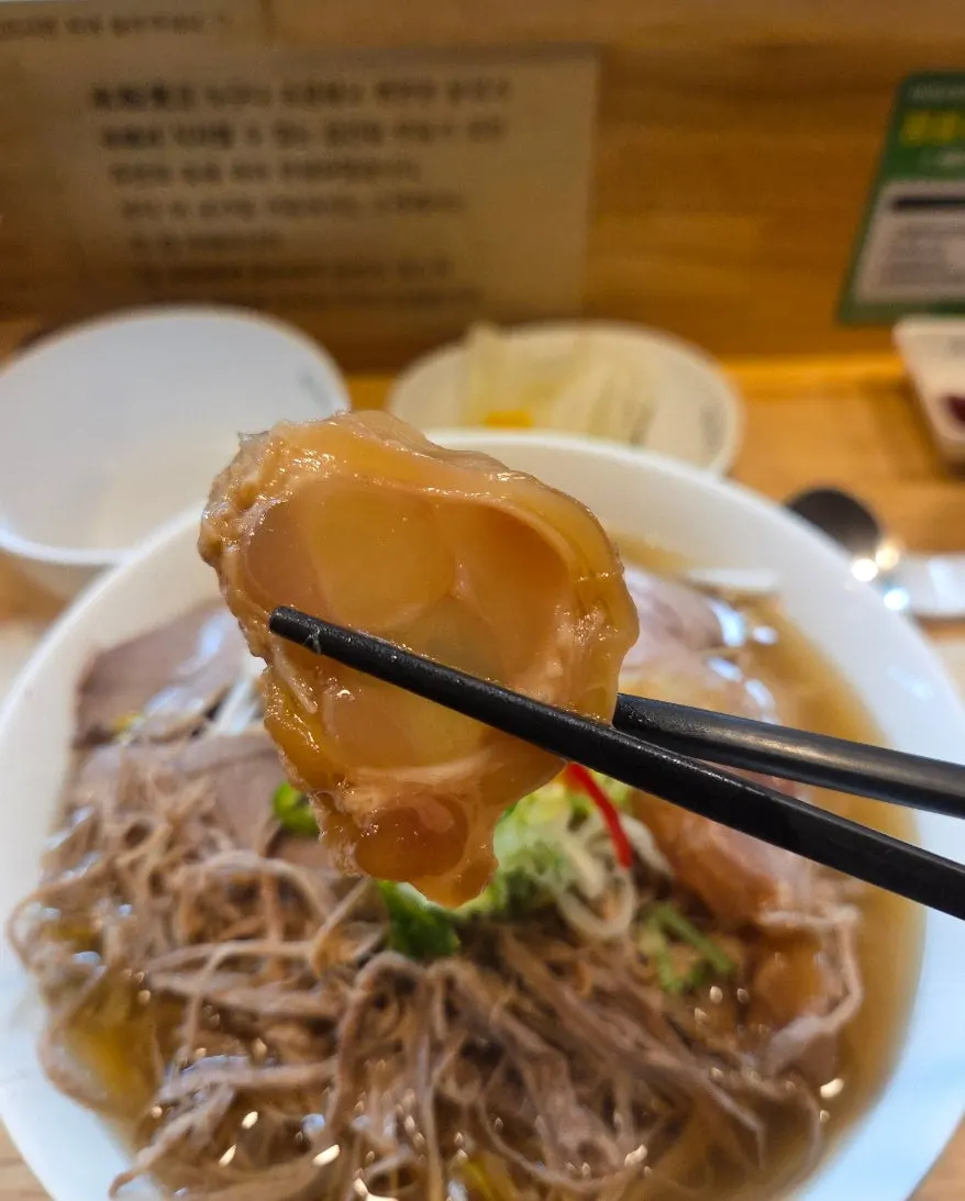 젓가락으로 집은 소 힘줄 토핑