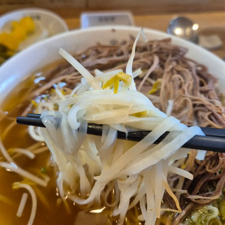 A bite of noodles and bean sprouts with meat