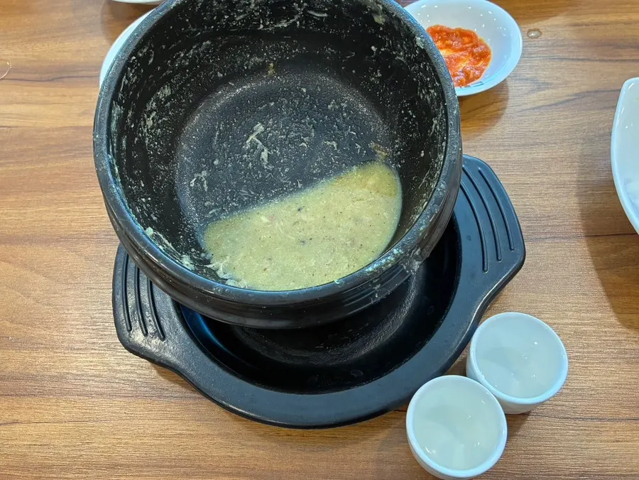 An emptied stone pot after a hearty meal