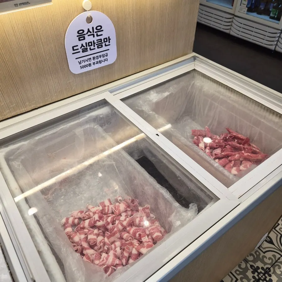 食べ放題で持ってきた牛カルビとプチェサルの肉の皿