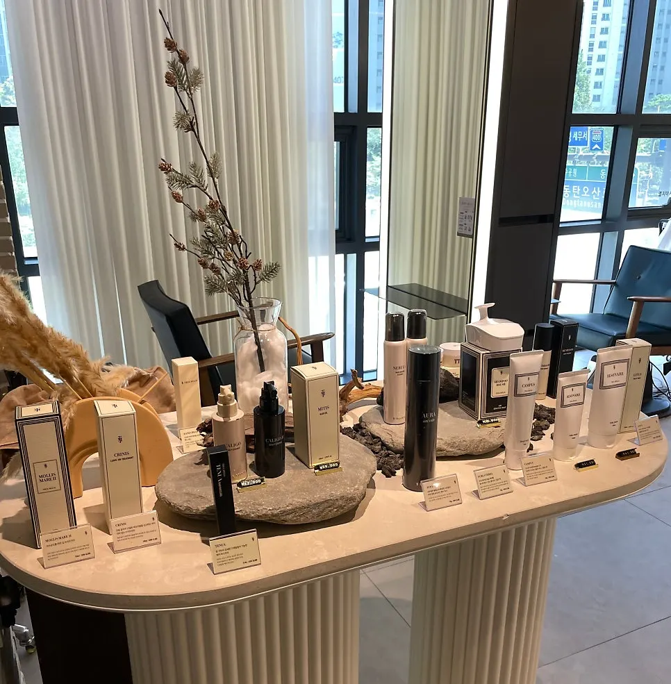 Premium hair products displayed at the store entrance