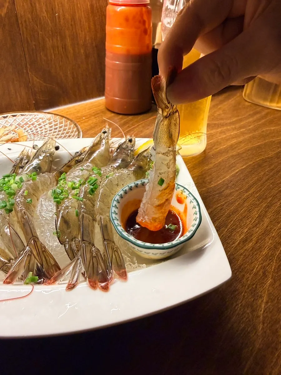 Raw shrimp with Buldak sauce