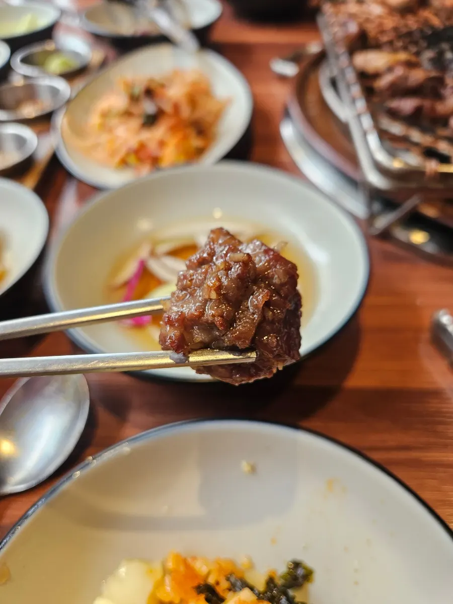Close-up of grilled Uiseong garlic beef short ribs