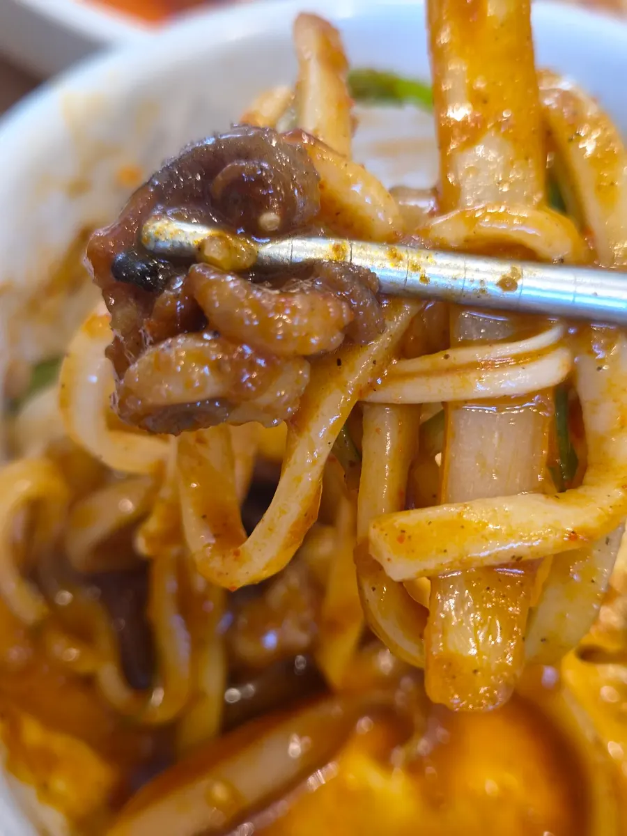 Kalguksu noodles mixed into the octopus sauce
