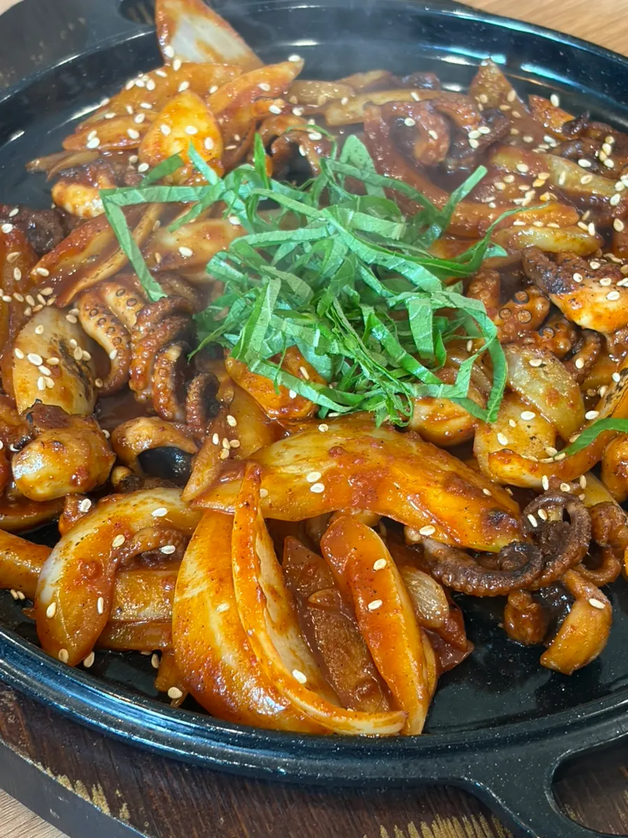 Close-up of smoky stir-fried octopus