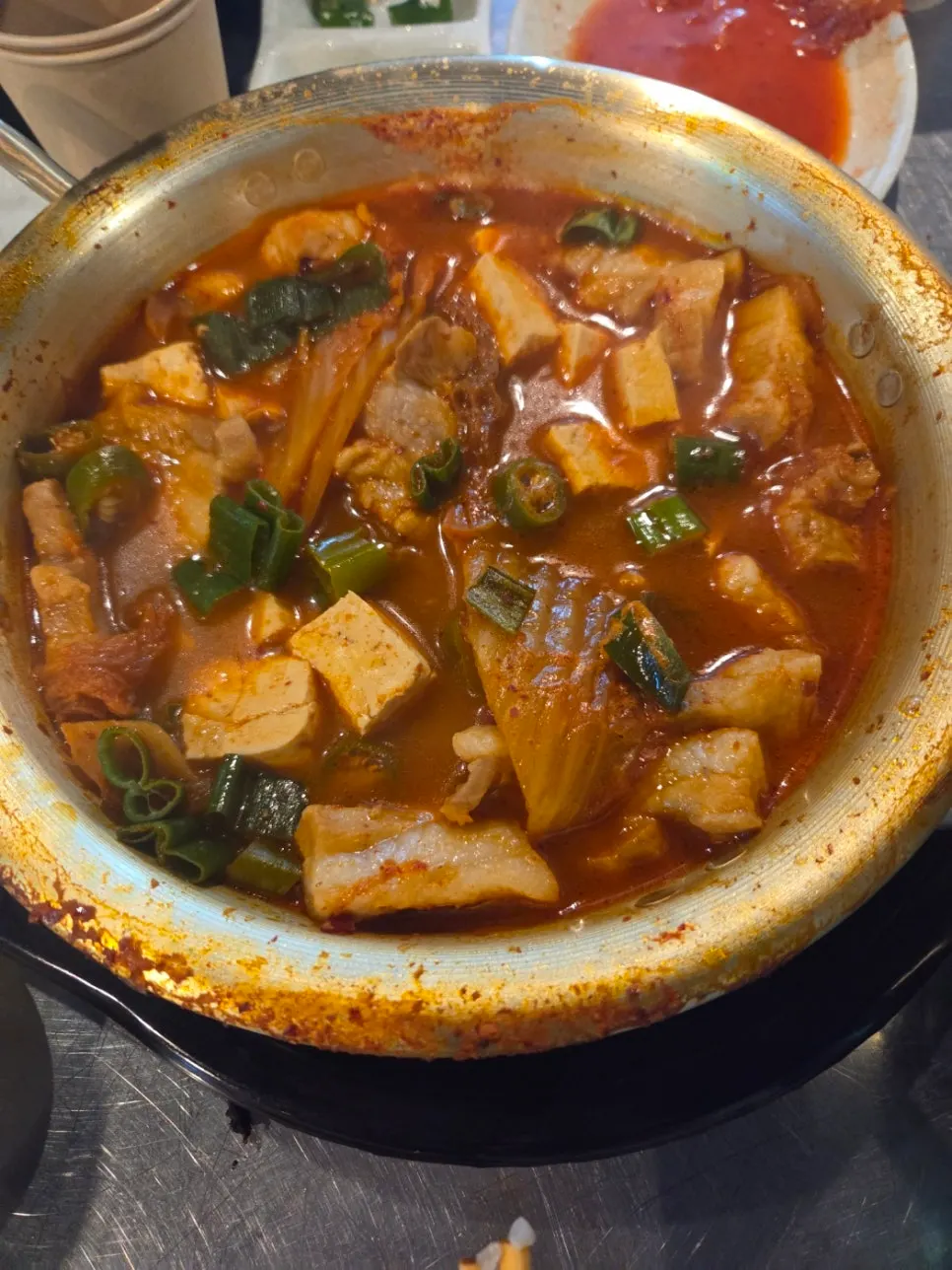 Kimchi jjigae loaded with meat and tofu