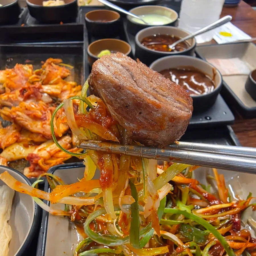 A piece of meat topped with shredded scallion