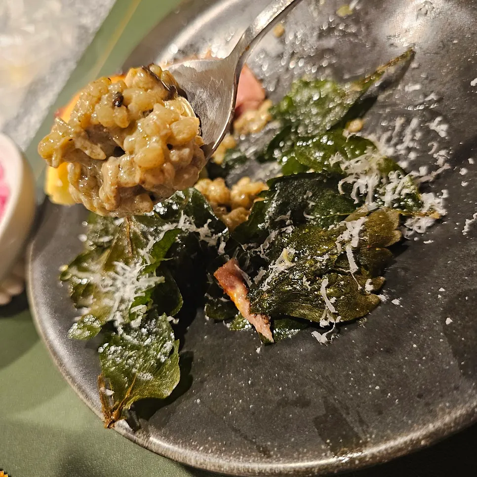 Fried glasswort (bangpungnamul) topping the risotto