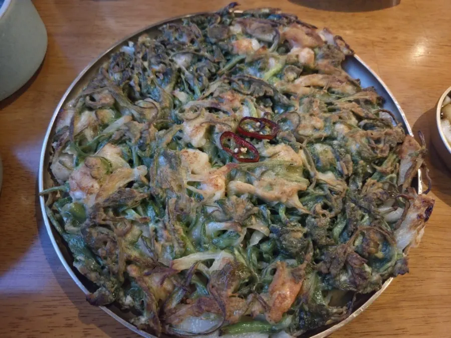 Crispy minari shrimp pancake