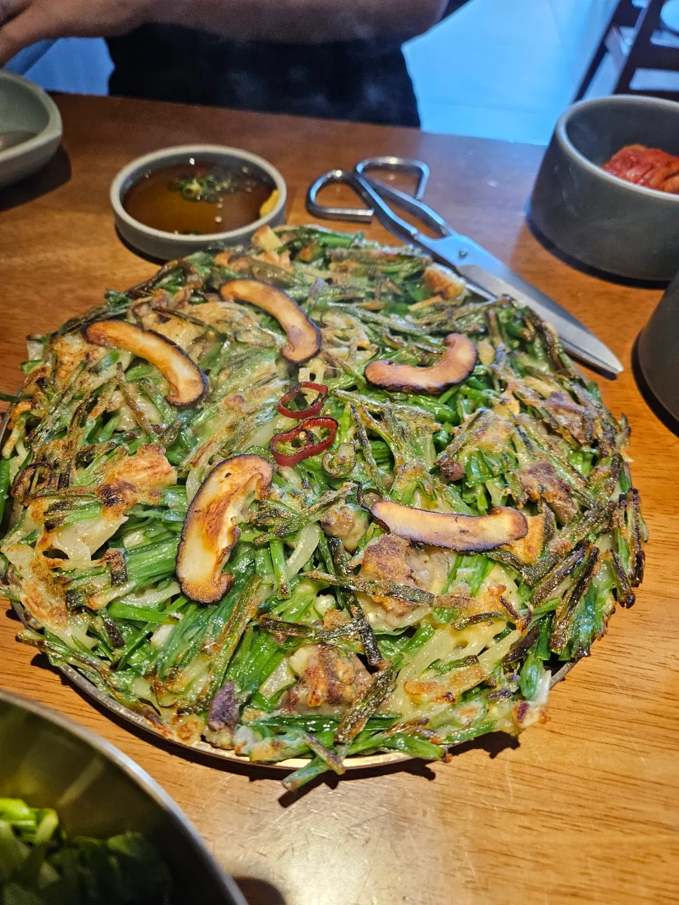 Golden, crisply fried meat chive pancake at Doonjeong