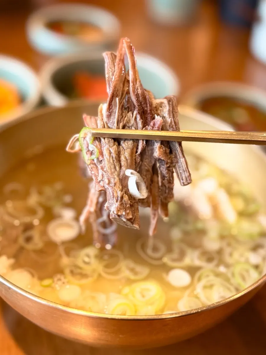 맑은 한우곰탕 국물과 고기 클로즈업