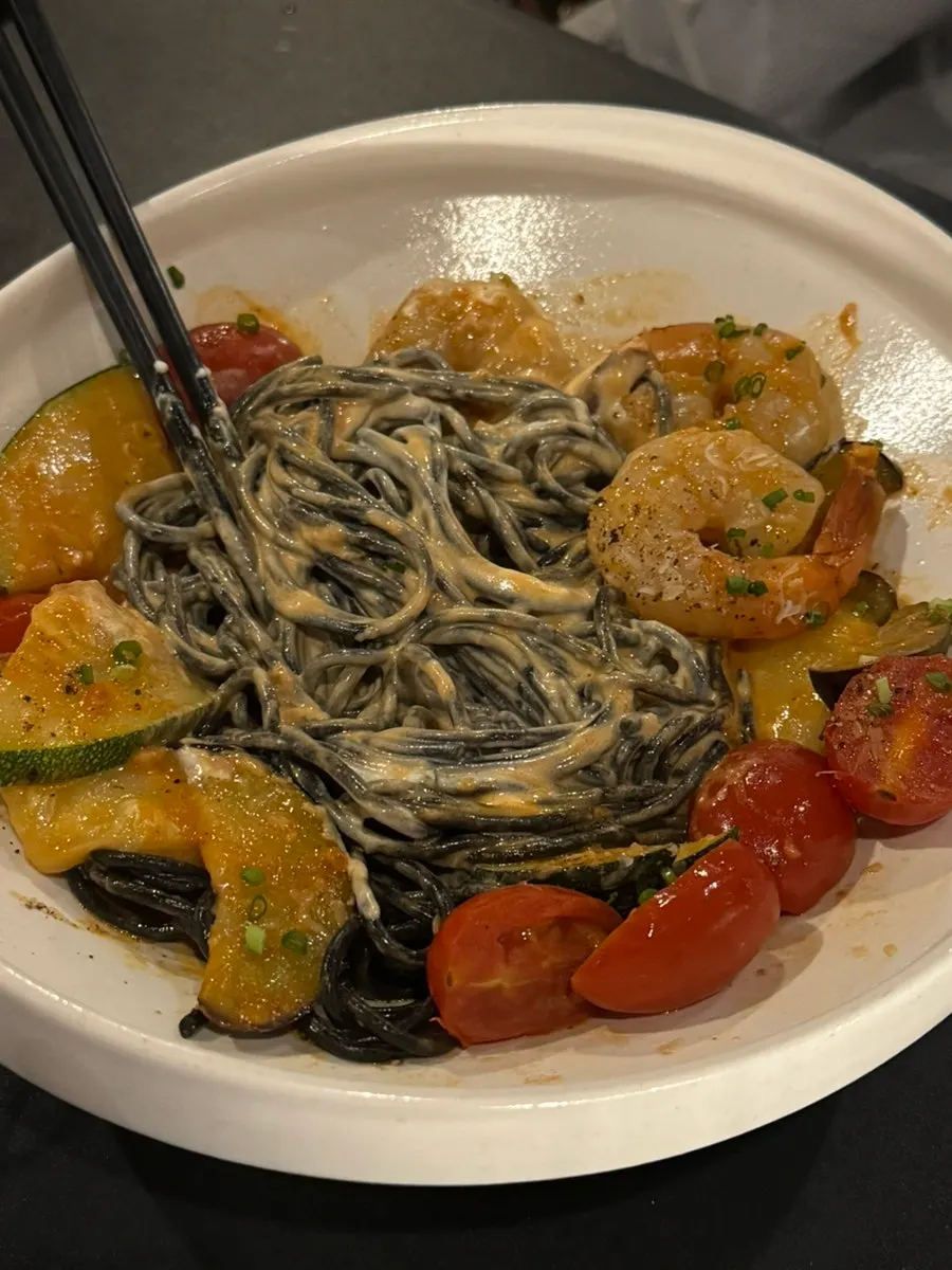 Close-up of bisque rose pasta with sweet shrimp