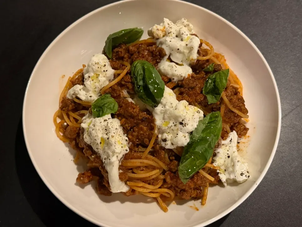 A plate of Dophan's bolognese pasta