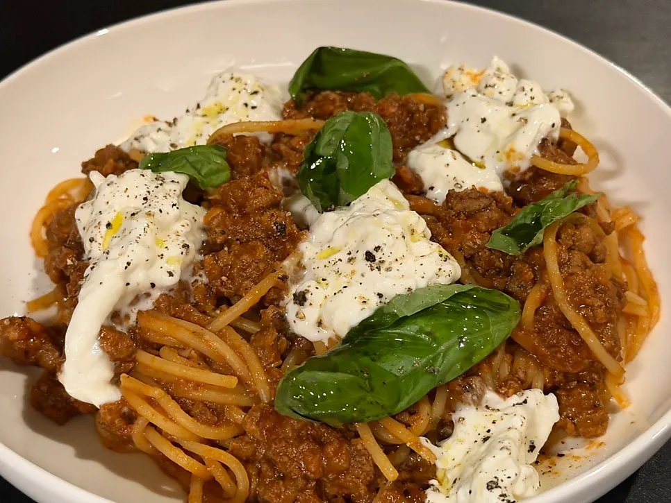 Bolognese pasta paired with red wine