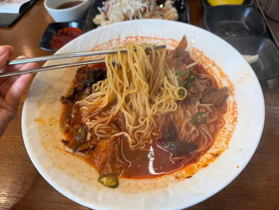 Gochu jjamppong topped with king prawn and seafood