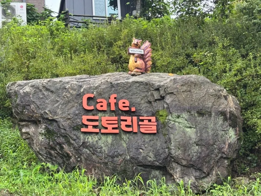 비 내리는 양평 정원카페 야외 벤치 전경